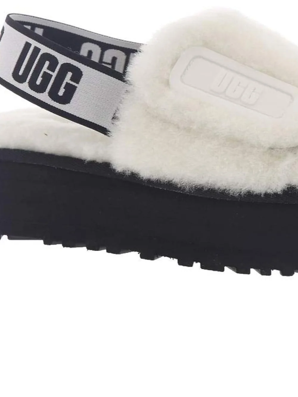 UGG Disco White Fluff Platform Slide Logo Slingback